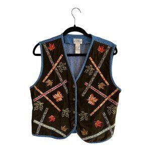 VTG Koret City Blues Fall Leaves Vest Size M Thanksgiving Autumn Blue Jean Vest